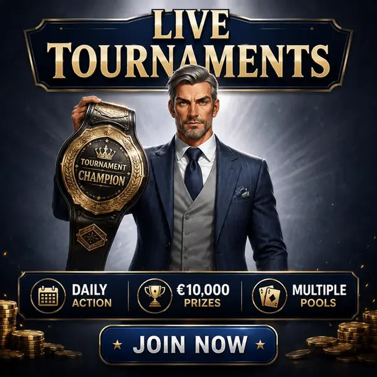 Cavalheiro imponente segura cinturão de campeão na vitória de Live Tournaments and Prize Pools do live casino