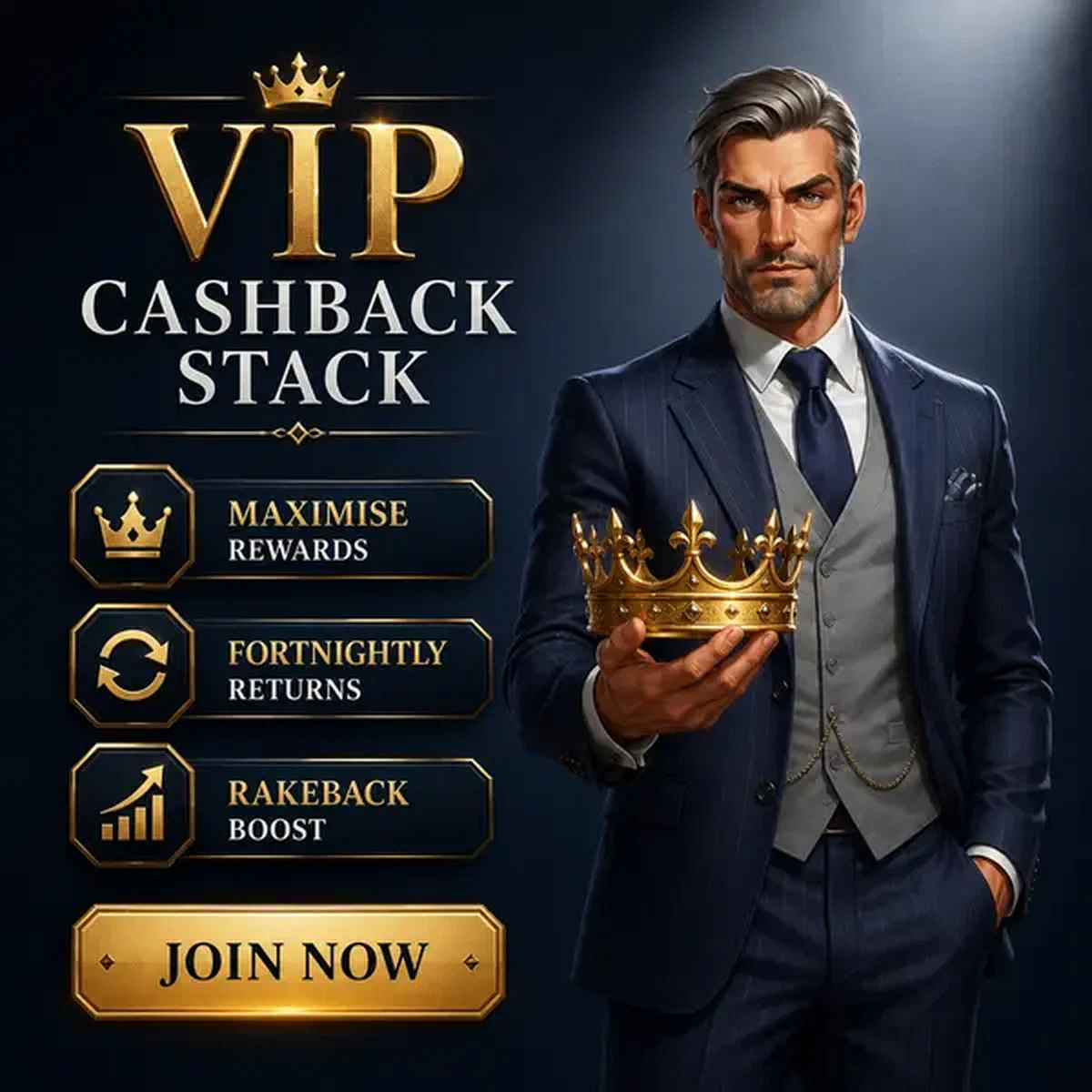 Pilha de Cashback VIP cavalheiro exibindo coroa dourada em elegante cenário de recompensa de bônus
