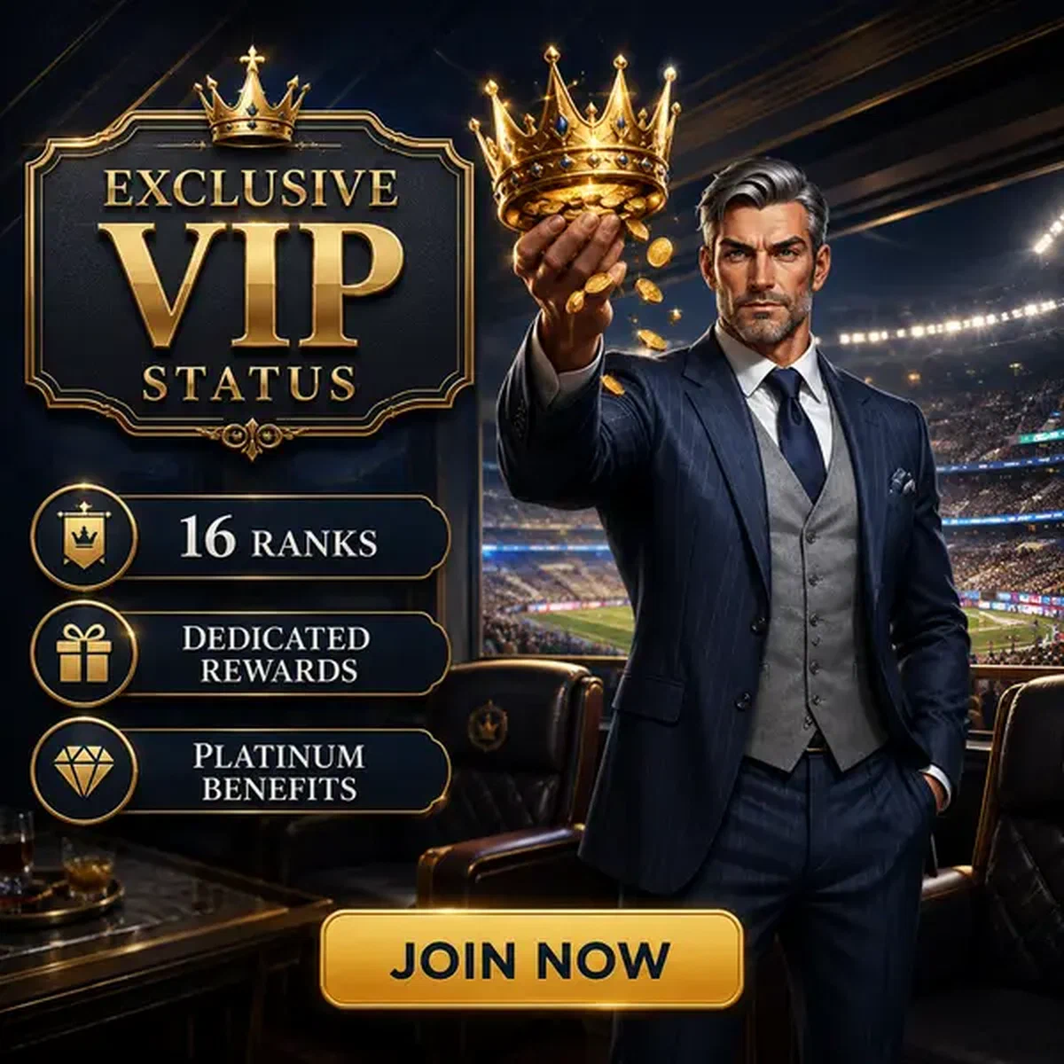 Cavalheiro confiante segurando coroa dourada representando progressão VIP no cadastro do Billionaire Spin Casino