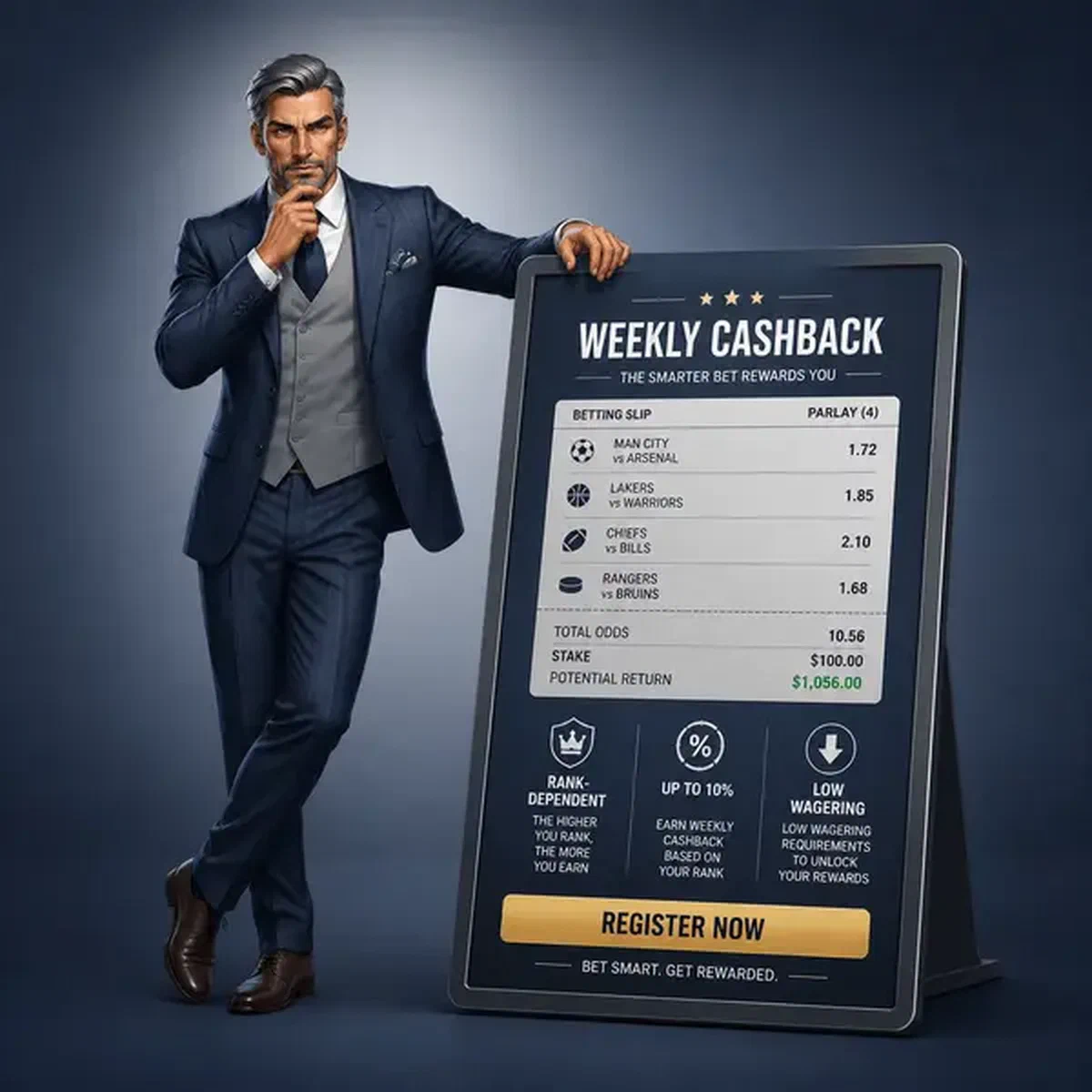 Apostador esportivo profissional avaliando Cashback Semanal de Esportes em display de apostas elegante