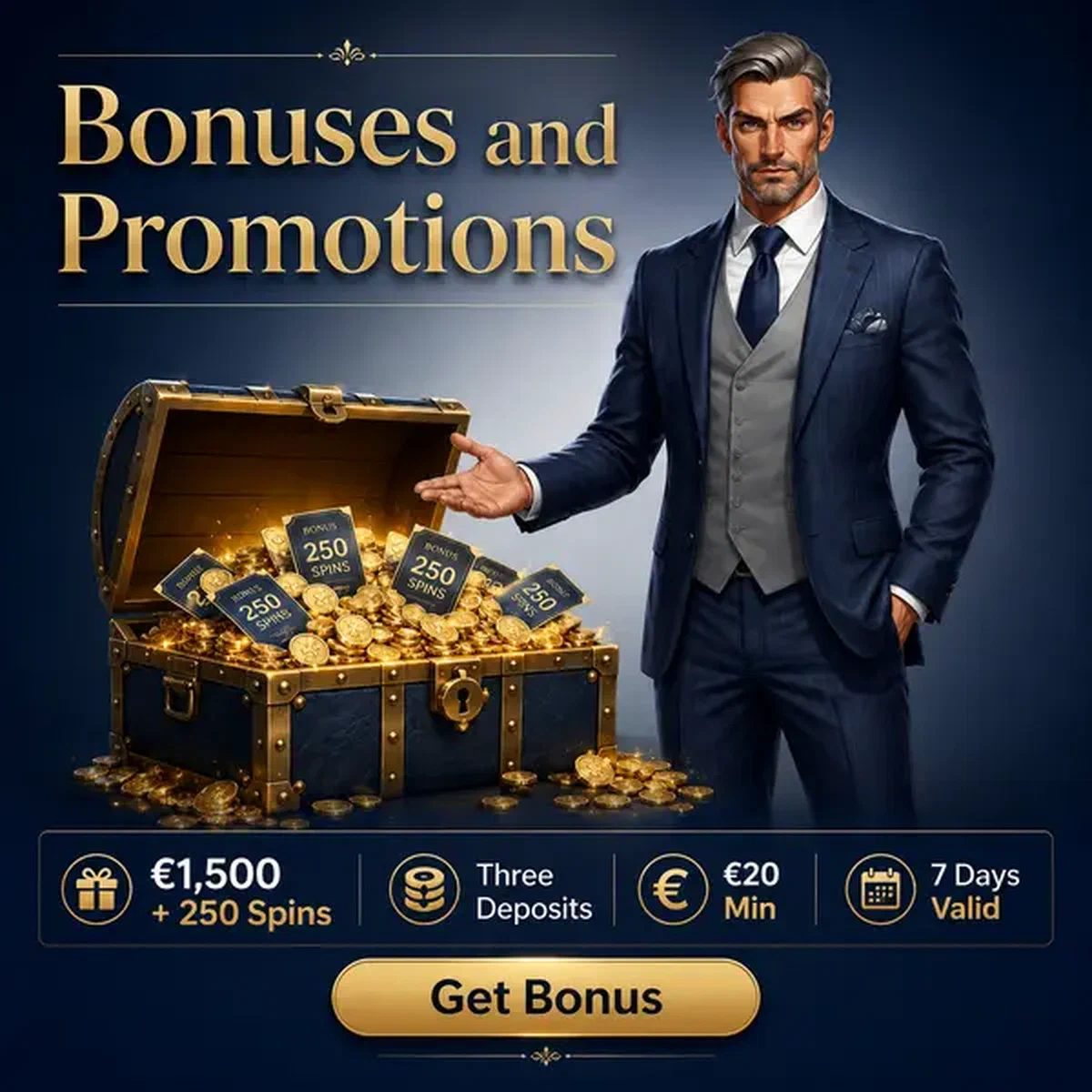 Jogador abrindo baú de tesouro de bônus transbordando com moedas e promoções no Billionaire Spin