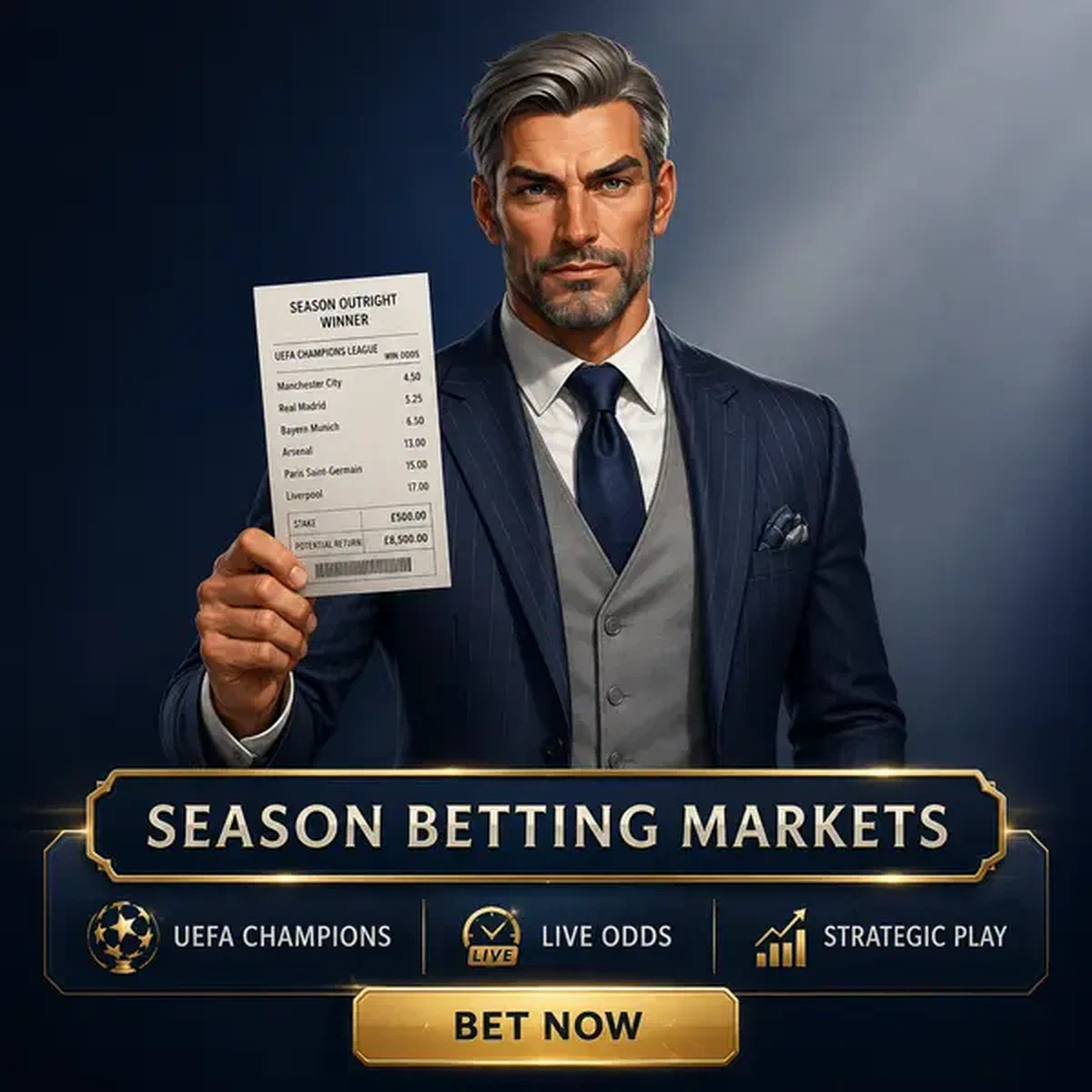 Um apostador confiante segurando comprovante de odds em Mercados de Temporada Completa e Apostas em Vencedor Absoluto para apostas esportivas