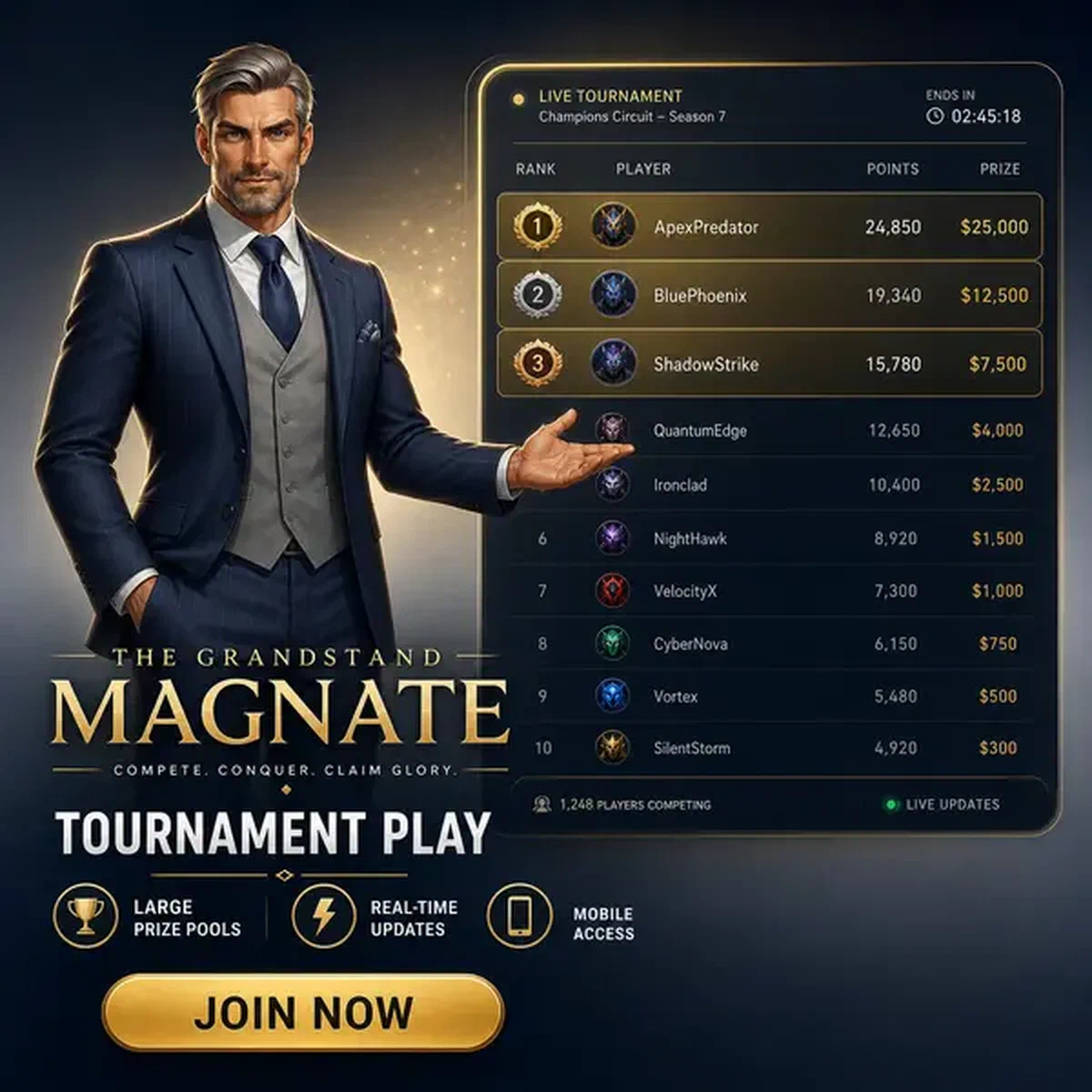 Estrategista profissional de torneios gesticulando para a exibição de classificação do aplicativo Billionaire Spin Casino