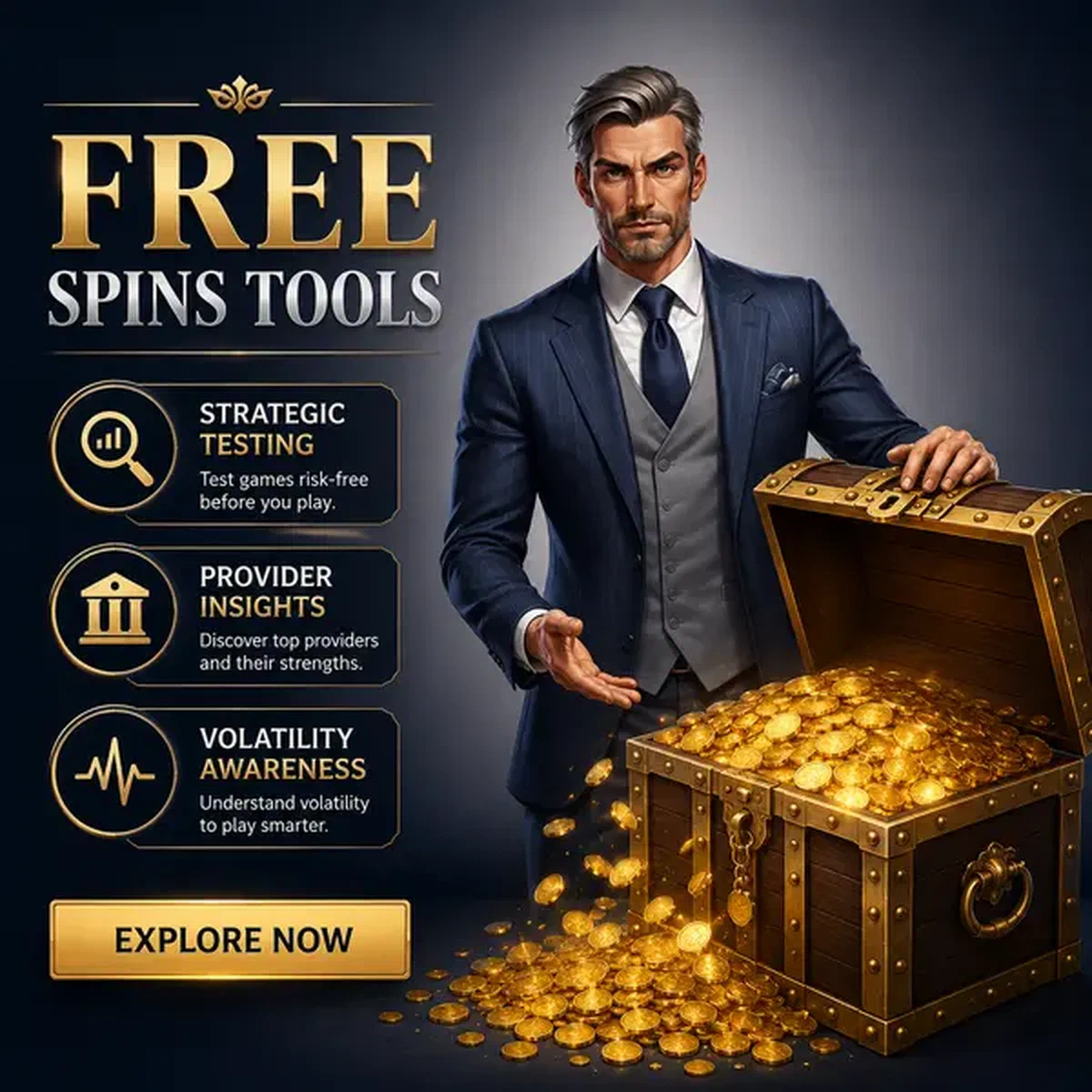 Cavalheiro do casino Billionaire Spin abrindo baú de tesouro transbordando com moedas de bônus sem depósito