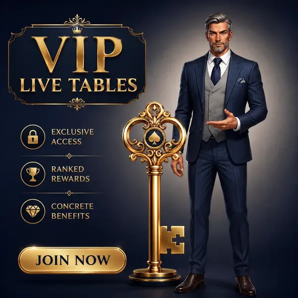 Cavalheiro apresentando chave dourada para acesso exclusivo às VIP Live Tables em estúdio elegante
