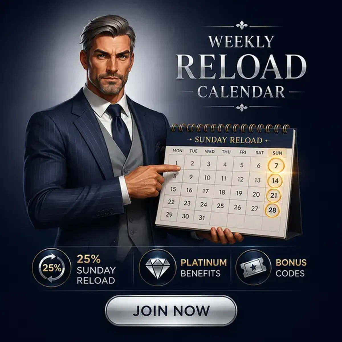Cavalheiro apresentando calendário de recarga semanal no Billionaire Spin enquanto jogadores se cadastram para bônus