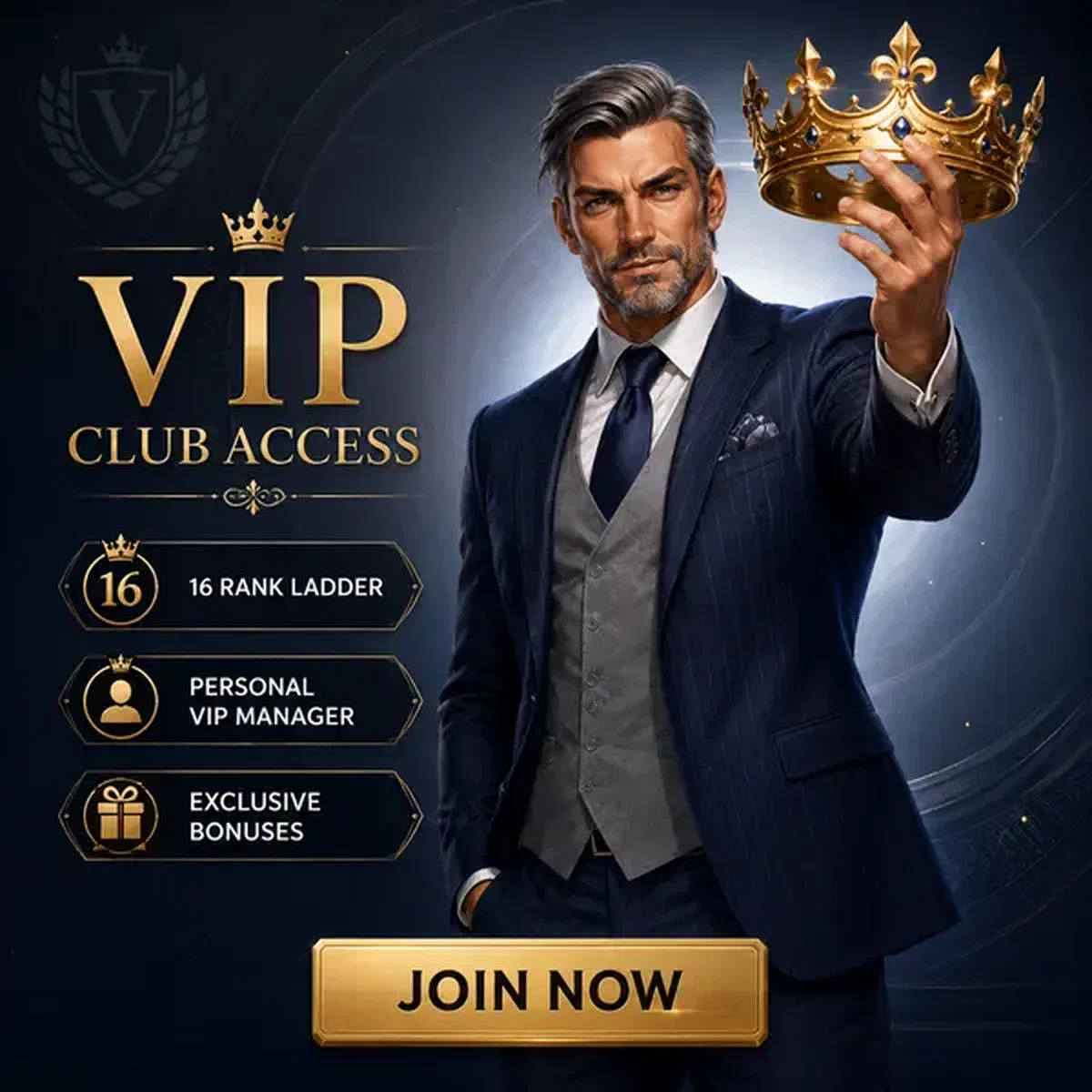 Cavalheiro de terno azul-marinho celebra status VIP com coroa dourada no programa de fidelidade Billionaire Spin