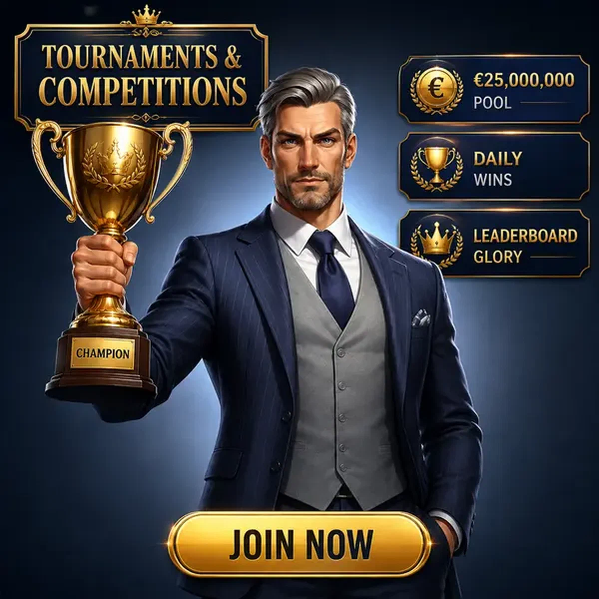 Cavalheiro de terno azul-marinho segura troféu dourado na arena de Torneios e Competições do Billionaire Spin