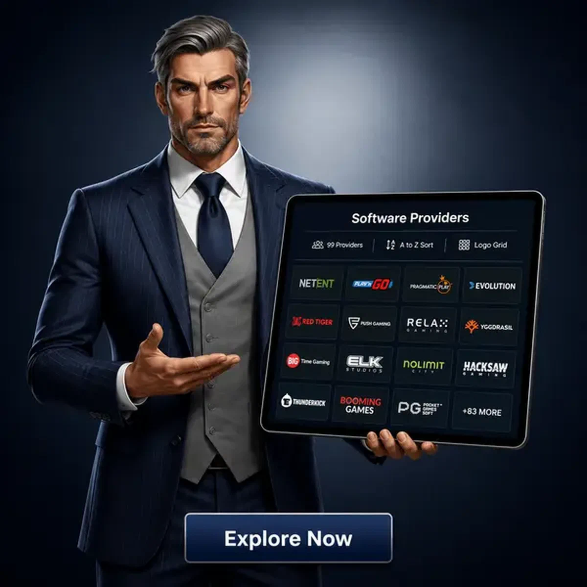 Dealer profissional apresentando provedores de software em tablet no Billionaire Spin Casino